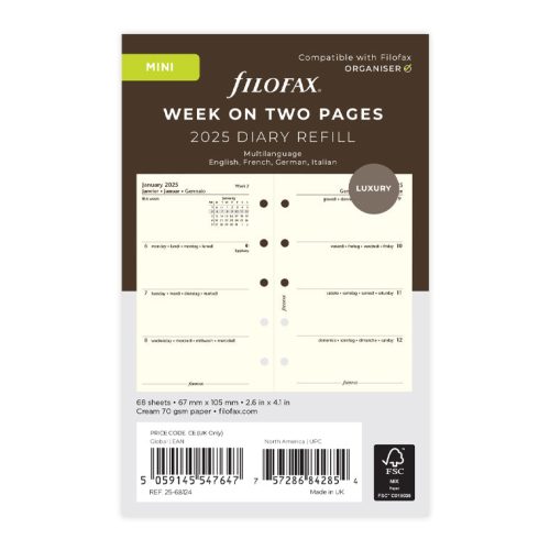 Week On Two Pages Diary - Mini Cotton Cream 2025 Multilanguage - 25-68124