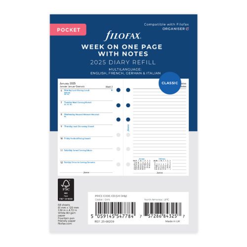 Week On One Page Diary With Notes - Pocket 2025 Multilanguage - 25-68209