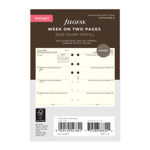 Week On Two Pages Diary - Pocket Cotton Cream 2025 Multilanguage - 25-68213