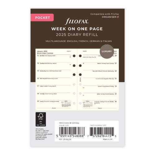 Week On One Page Diary - Pocket Cotton Cream 2025 Multilanguage - 25-68239