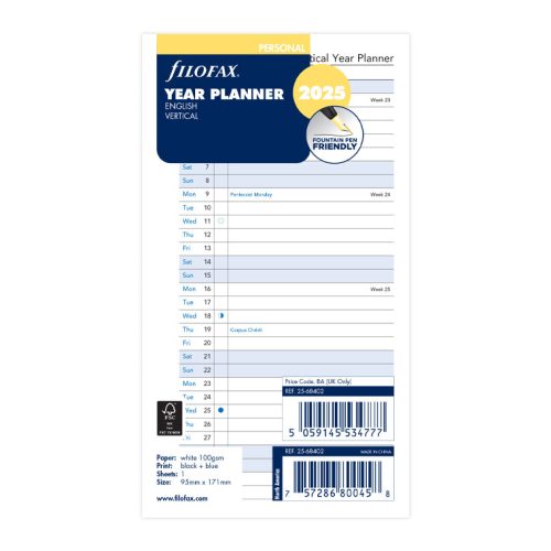 Vertical Year Planner - Personal 2025 English - Filofax